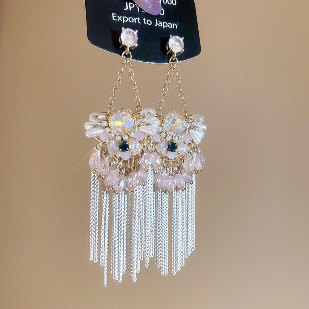 Crystal Floral Drop Earrings - Pink and Gold